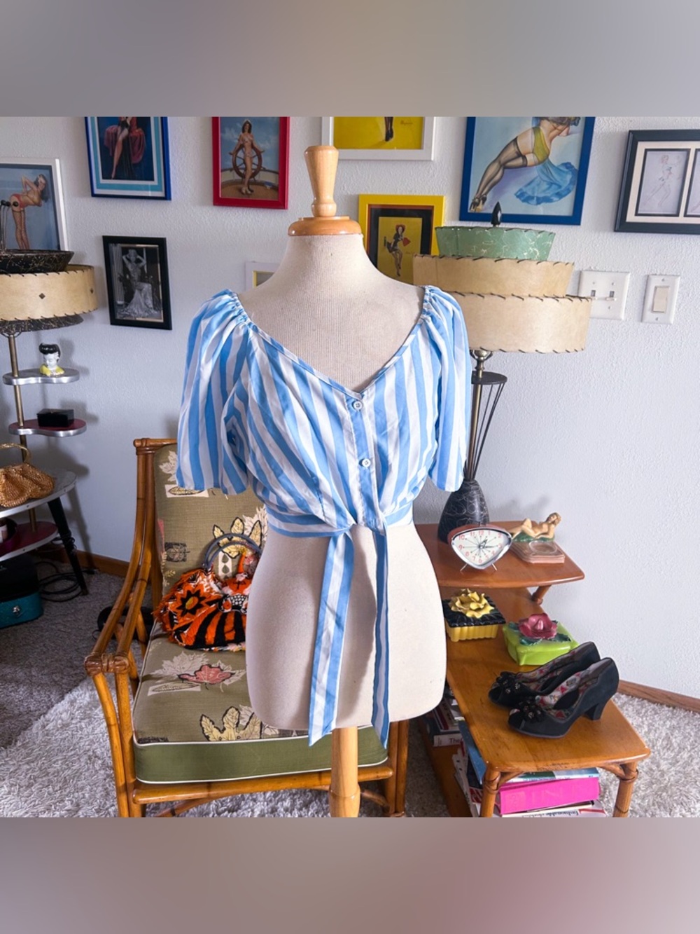 Retro 1940s Style Blouse | Stripe | Puff Sleeve | Blue White | M L | Crop | 40s